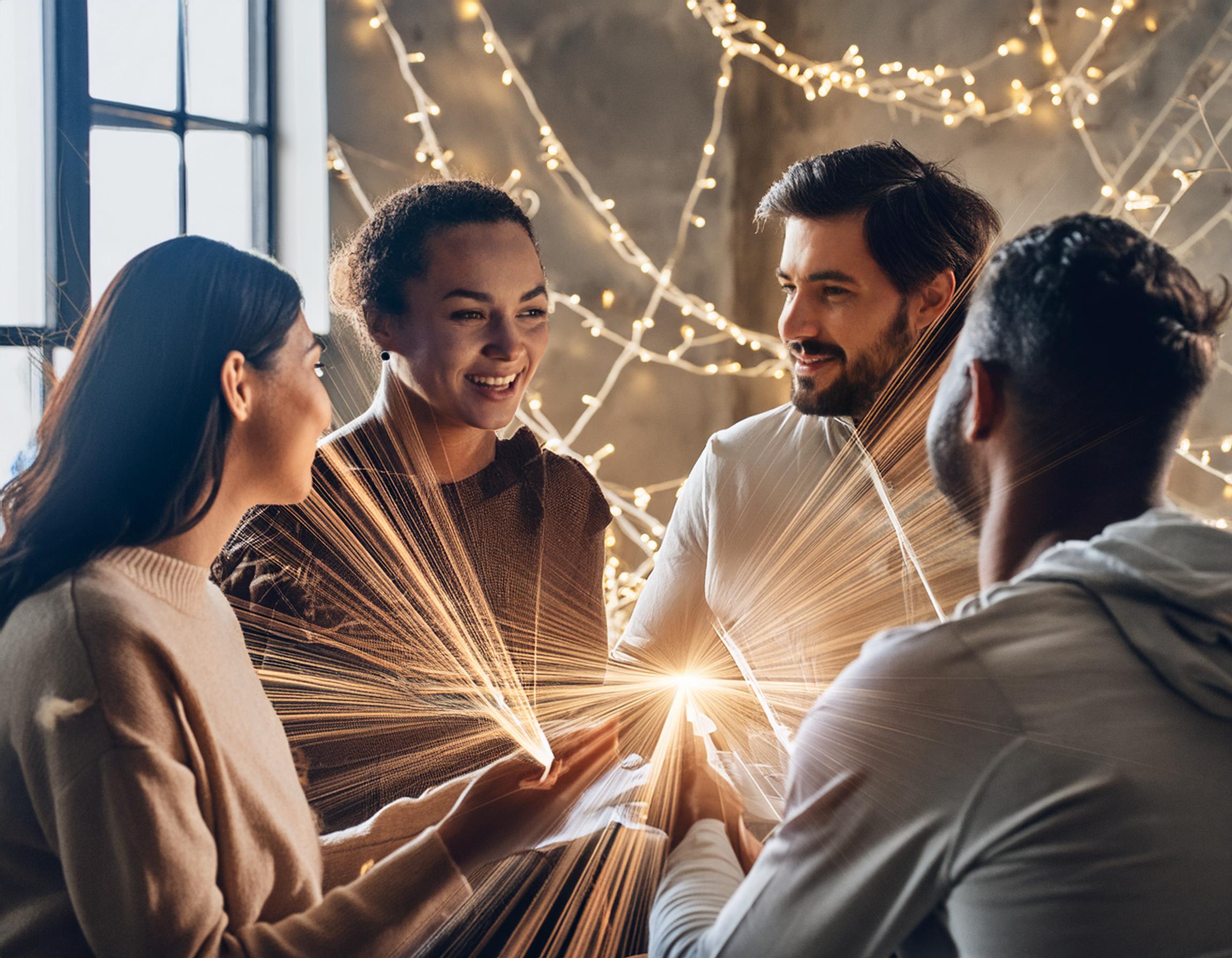 Firefly A realistic image of a group of people in a discussion, with light connections symbolizing s (1)